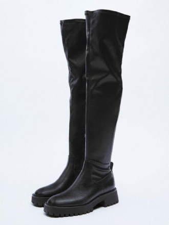 Bottes Noires Pour Femmes Cuir Pu Plates Au Dessus Du Genou