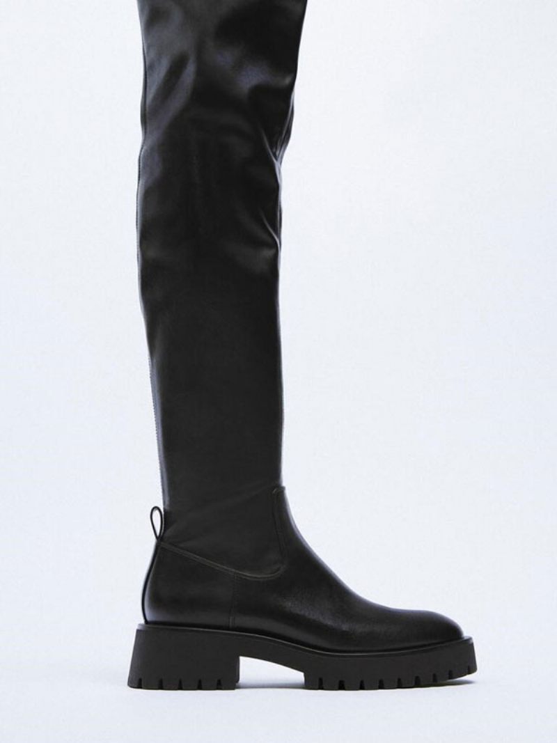 Bottes Noires Pour Femmes Cuir Pu Plates Au Dessus Du Genou - Noir