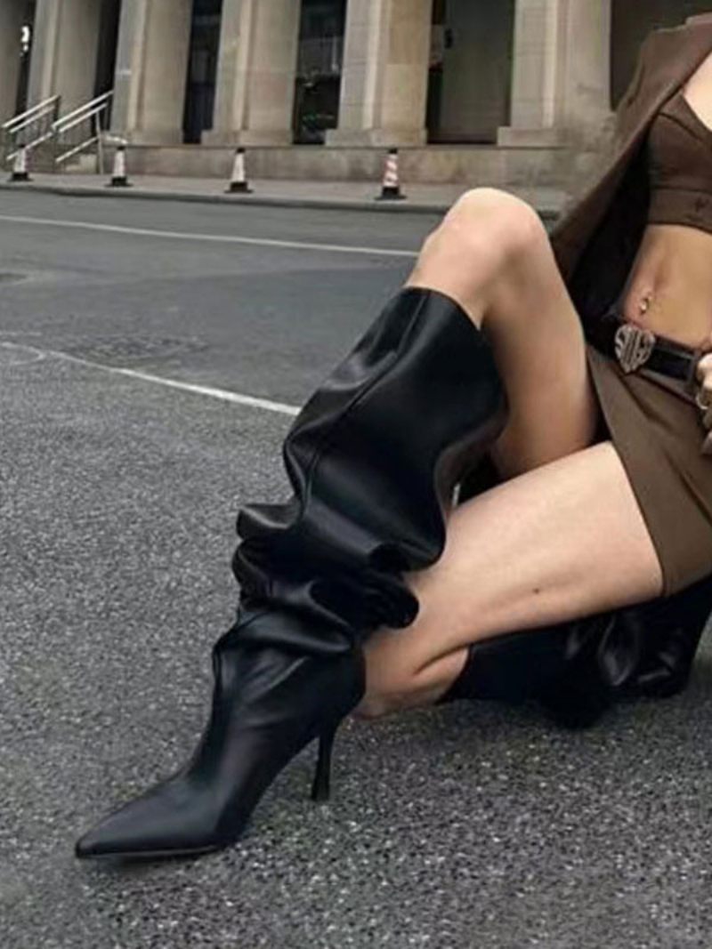 Bottes Noires Souples Pour Femmes Mi-mollet À Bout Pointu Et Talons Hauts