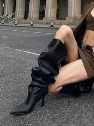 Bottes Noires Souples Pour Femmes Mi-mollet À Bout Pointu Et Talons Hauts