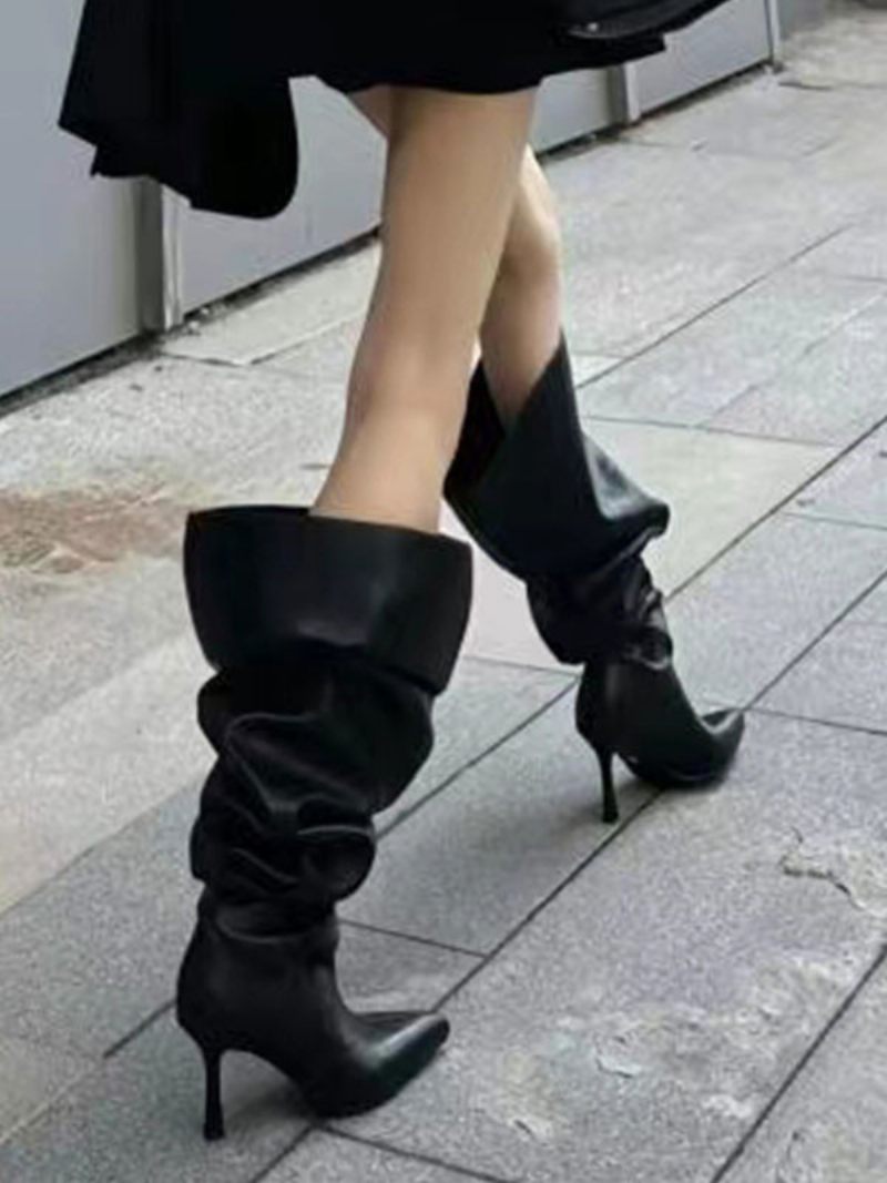 Bottes Noires Souples Pour Femmes Mi-mollet À Bout Pointu Et Talons Hauts - Noir