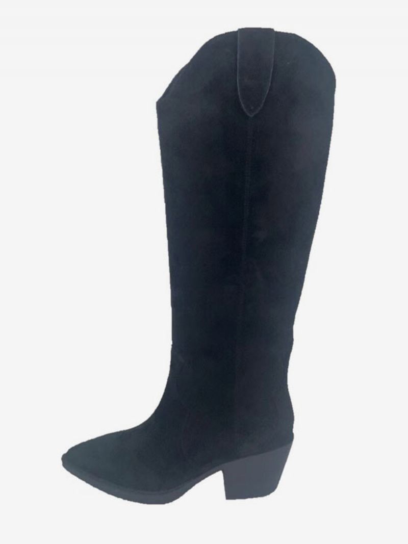 Bottes Occidentales Daim Pour Femmes Hautes Simples À Talon Chiot - Noir