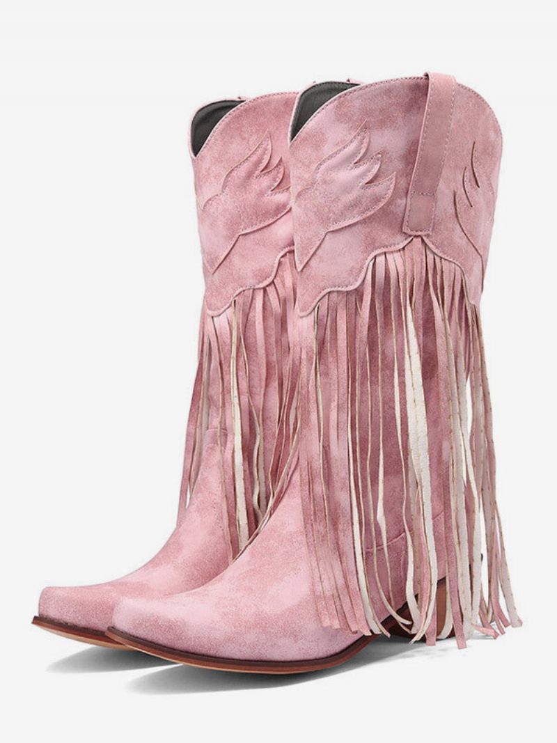 Bottes Occidentales Daim Rose Pour Femmes Cow-girl À Bout Pointu Et Pompons