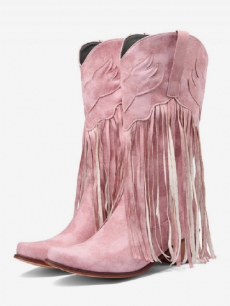 Bottes Occidentales Daim Rose Pour Femmes Cow-girl À Bout Pointu Et Pompons