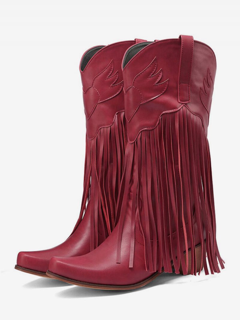 Bottes Occidentales Daim Rose Pour Femmes Cow-girl À Bout Pointu Et Pompons - Rouge