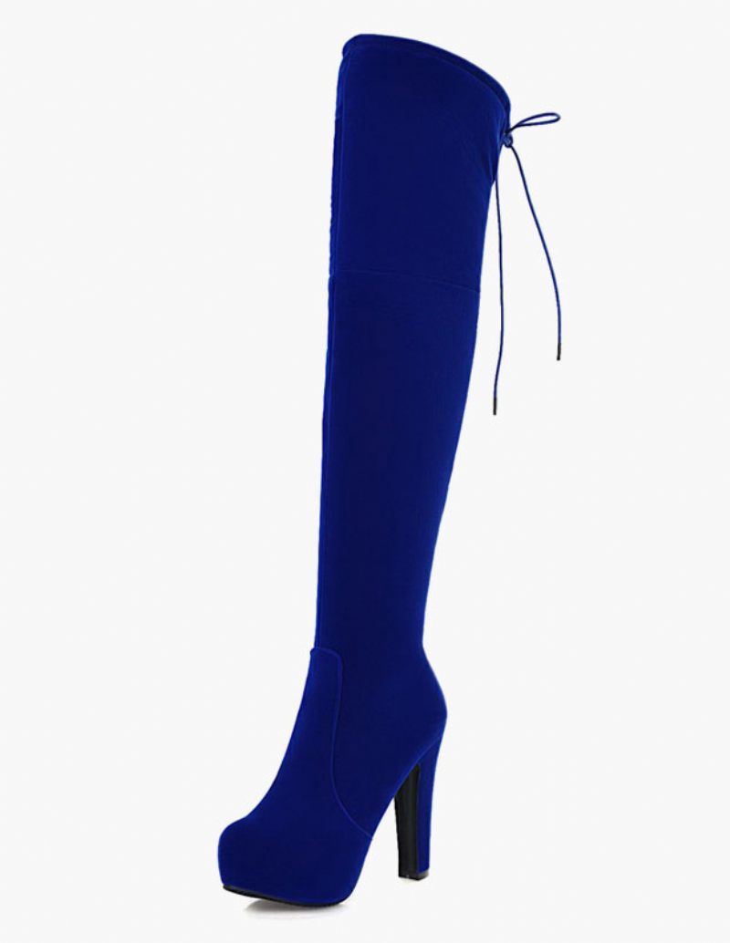 Bottes À Plateforme Au-dessus Du Genou Pour Femmes Talons Épais Et Bout Rond Daim Monogramme - Bleu