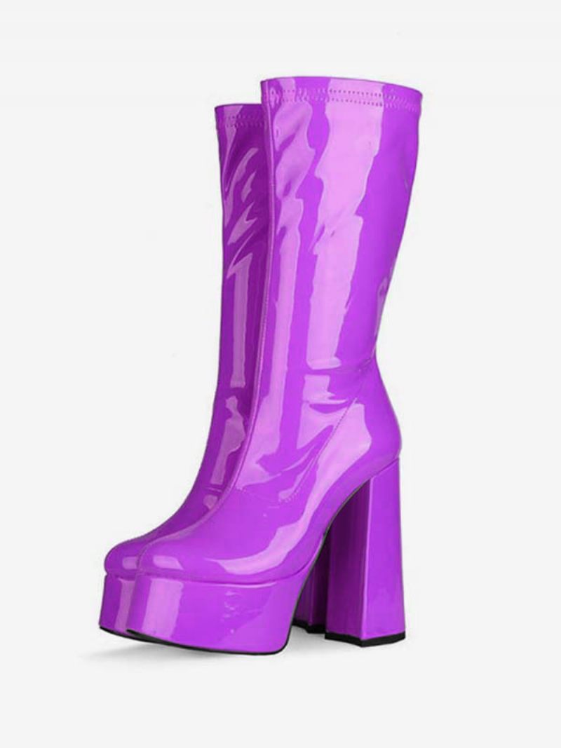 Bottes À Plateforme Et Talons Épais Pour Femme Mi-mollet Cuir Verni Brillant Hauts - Violet