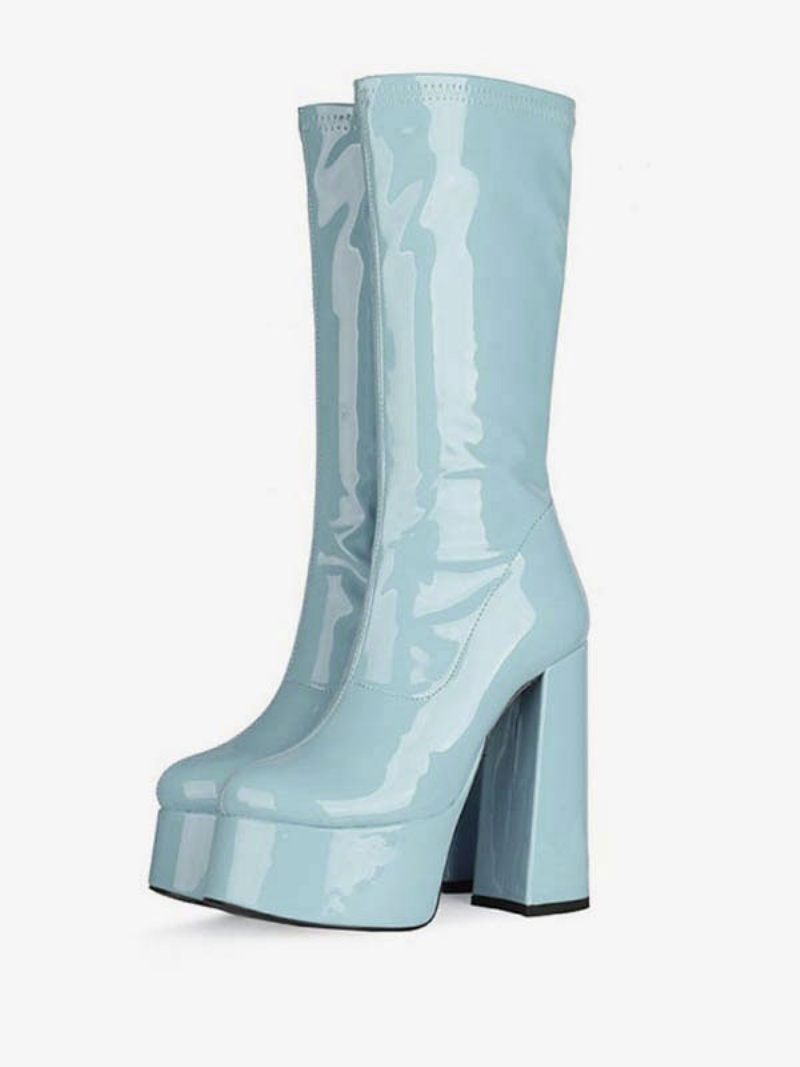 Bottes À Plateforme Et Talons Épais Pour Femme Mi-mollet Cuir Verni Brillant Hauts - Bleu Ciel Clair