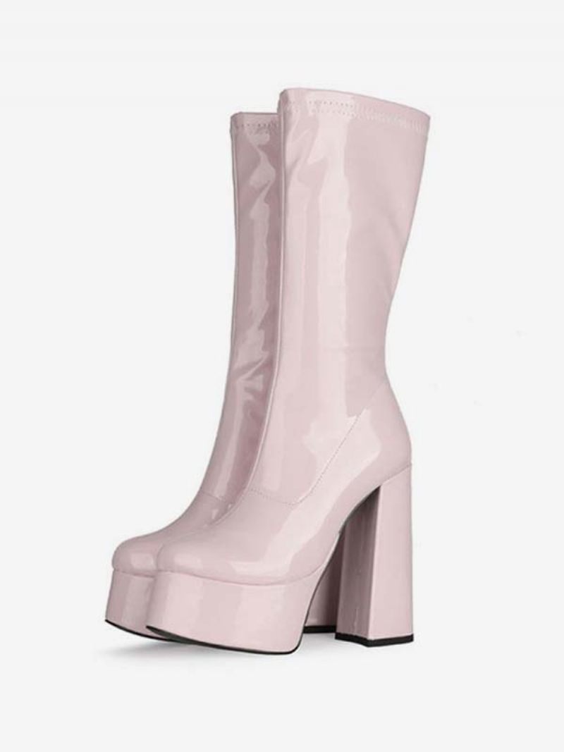 Bottes À Plateforme Et Talons Épais Pour Femme Mi-mollet Cuir Verni Brillant Hauts - Rose