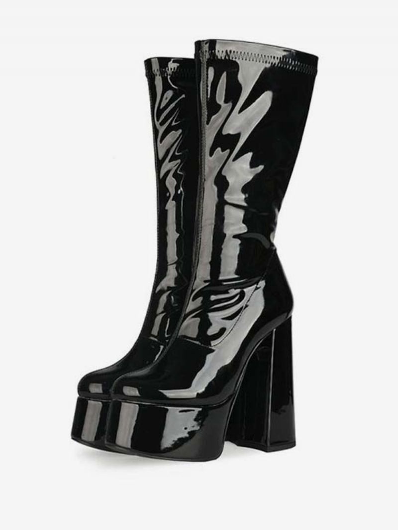 Bottes À Plateforme Et Talons Épais Pour Femme Mi-mollet Cuir Verni Brillant Hauts - Noir