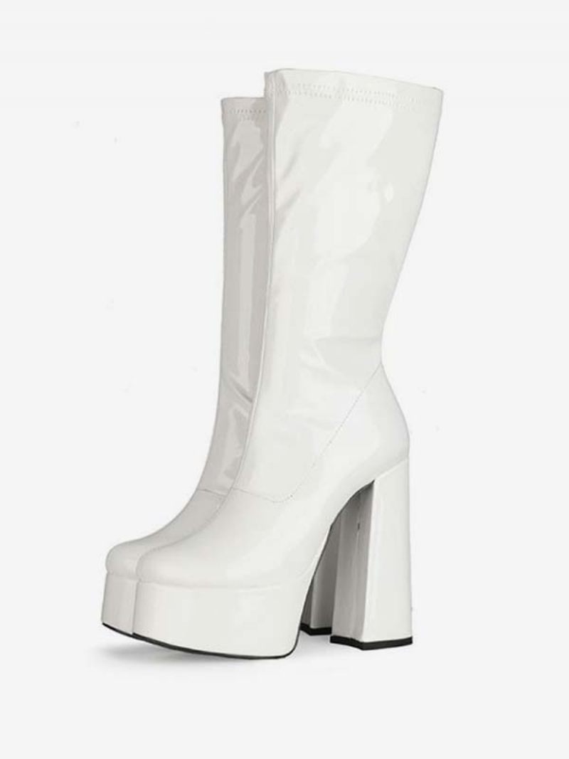 Bottes À Plateforme Et Talons Épais Pour Femme Mi-mollet Cuir Verni Brillant Hauts - Blanc