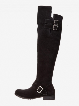 Bottes Plates Daim Pour Femmes Noires À Bout Rond Avec Boucle Au-dessus Du Genou