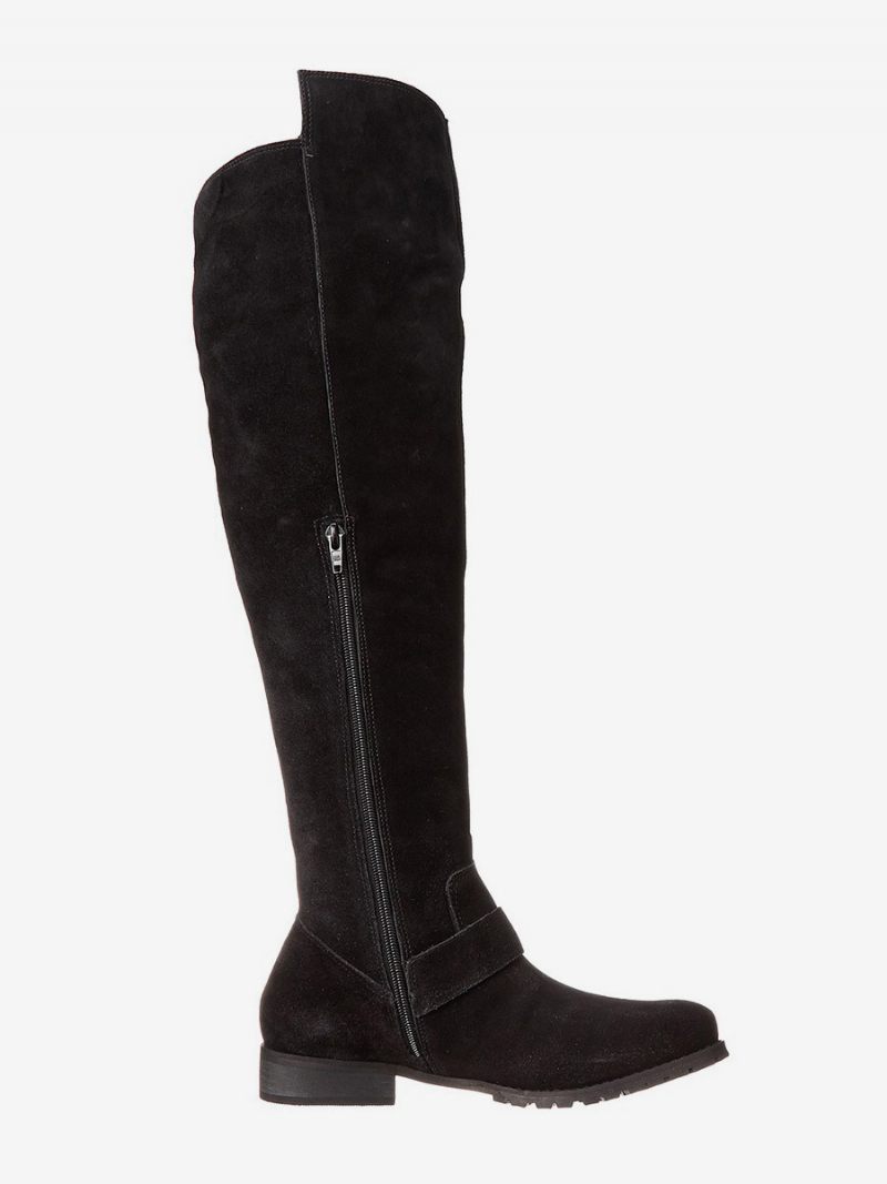 Bottes Plates Daim Pour Femmes Noires À Bout Rond Avec Boucle Au-dessus Du Genou - Noir