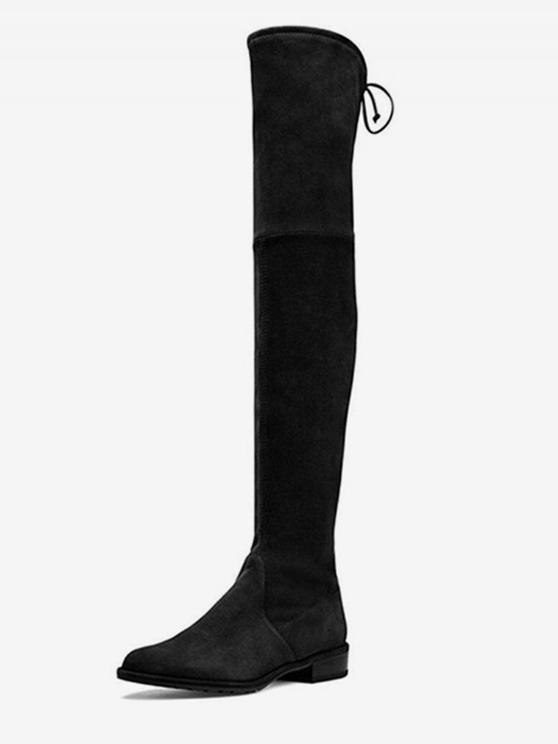 Bottes Plates Pour Femmes Daim Noir Strench Sur Les Au Genou