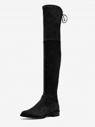 Bottes Plates Pour Femmes Daim Noir Strench Sur Les Au Genou