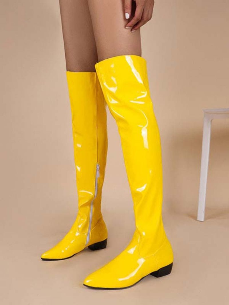 Bottes Plates Pour Femmes Talon Aiguille Cuissardes Cuir Pu - Jaune