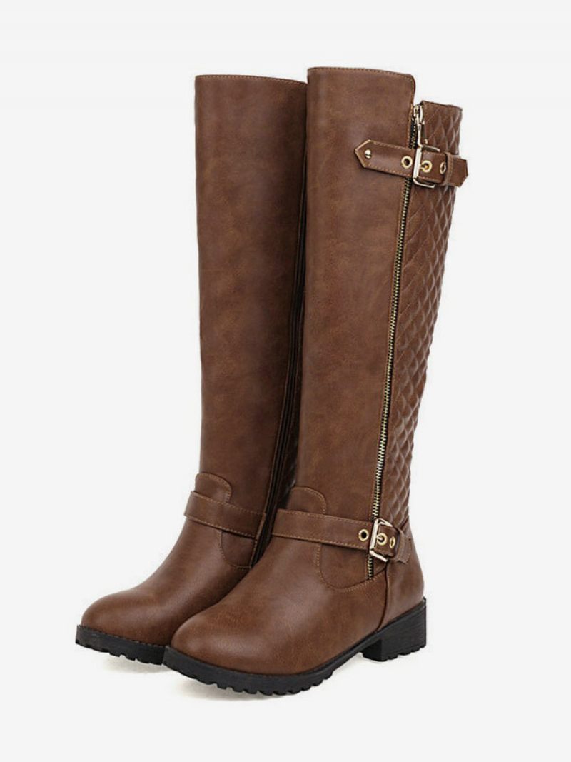 Bottes Plates Marron À Bout Rond Pour Femmes Hautes Au Genou Avec Boucle