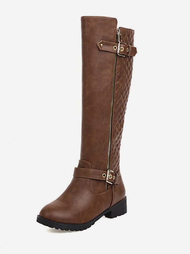 Bottes Plates Marron À Bout Rond Pour Femmes Hautes Au Genou Avec Boucle - Marron Café