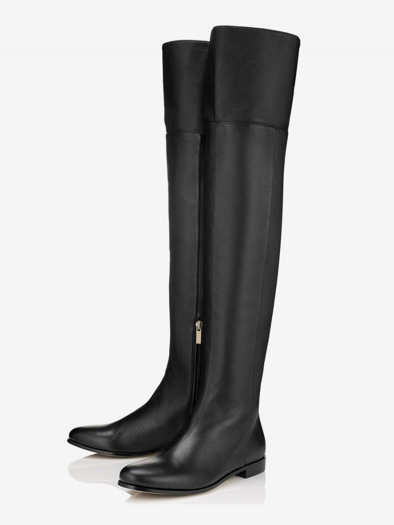 Bottes Plates Noires Pour Femmes Cuissardes À Bout Rond