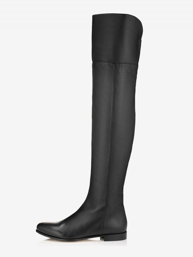 Bottes Plates Noires Pour Femmes Cuissardes À Bout Rond - Noir