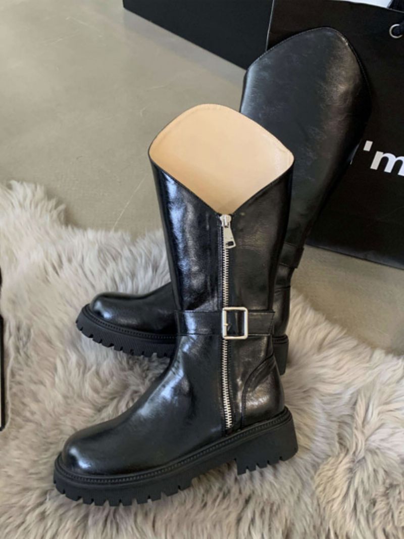 Bottes Plates Noires Pour Femmes Mi-mollet À Bout Rond Avec Boucle