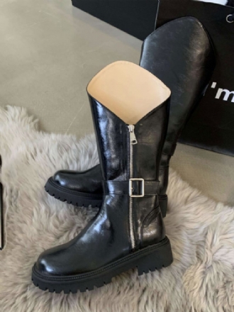 Bottes Plates Noires Pour Femmes Mi-mollet À Bout Rond Avec Boucle