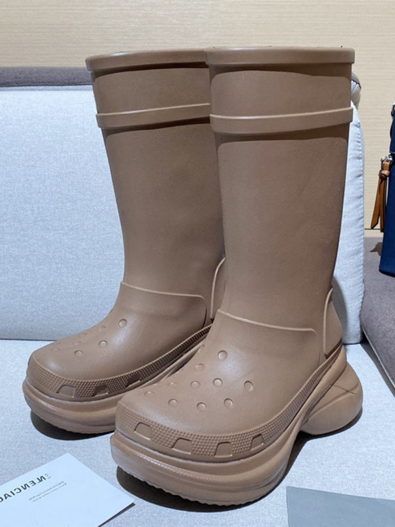 Bottes Pluie Roses Pour Femmes Imperméables À Plateforme Et Bout Rond - Marron Café