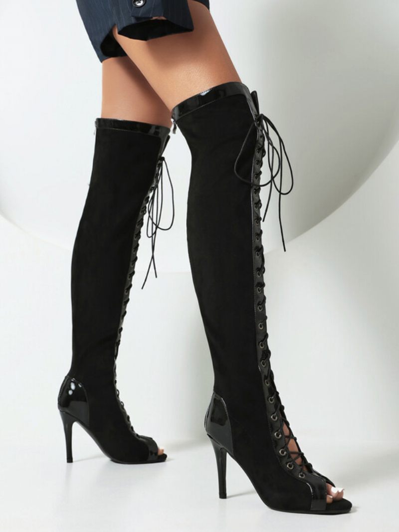 Bottes Sandales Noires Au Dessus Du Genou Pour Femmes Bout Ouvert Lacets Talons Hauts Découpés Cuissardes Hautes - Noir