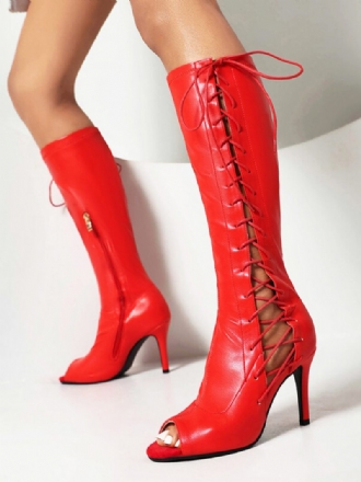 Bottes Sandales Rouges Pour Femmes À Talons Hauts Lacets Et Bout Ouvert