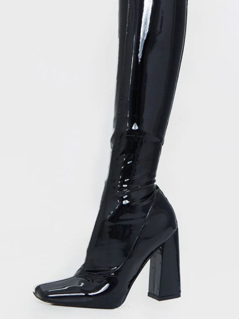 Bottes Sexy Au Dessus Du Genou Pour Femmes Bout Carré Cuir Noir Brillant Talon Épais Cuissardes Hautes - Noir