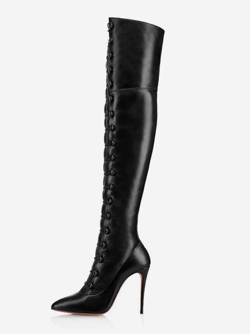 Bottes Sexy Au Dessus Du Genou Pour Femmes Bout Pointu Noir Lacets Talon Aiguille Cuissardes Hautes