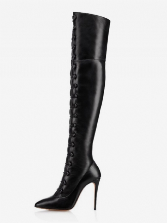 Bottes Sexy Au Dessus Du Genou Pour Femmes Bout Pointu Noir Lacets Talon Aiguille Cuissardes Hautes