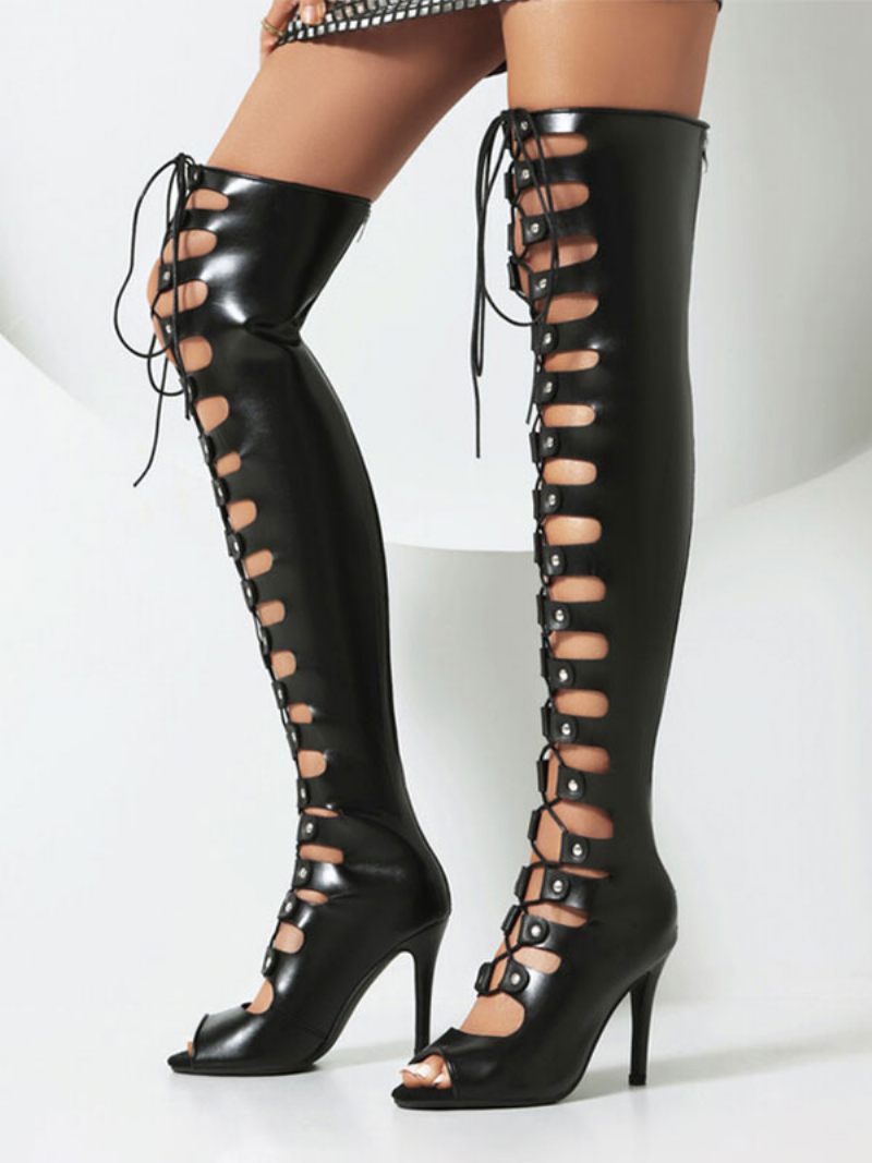 Bottes Sexy Au Dessus Du Genou Pour Femmes Sandales Noires Découpées À Lacets Et Talons Hauts