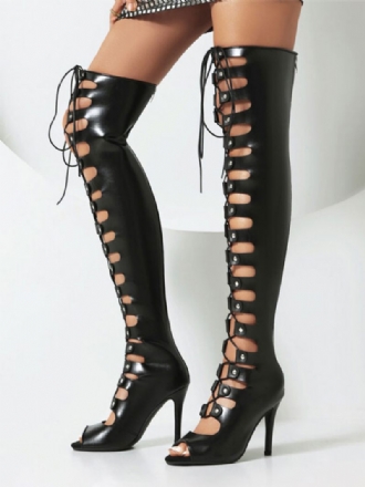 Bottes Sexy Au Dessus Du Genou Pour Femmes Sandales Noires Découpées À Lacets Et Talons Hauts