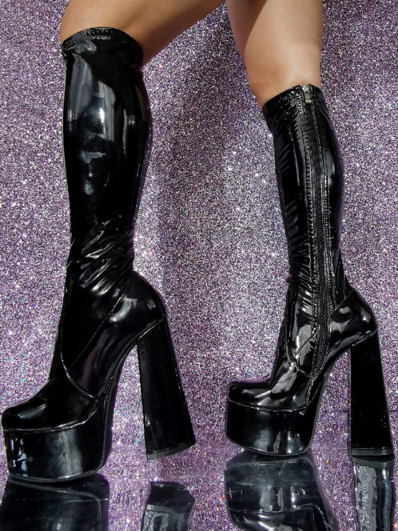 Bottes Sexy Rouges Pour Femmes À Plateforme Vernie Pu Talons Épais Et Hauteur Du Genou - Noir