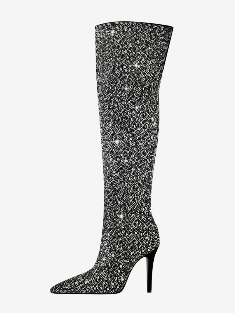 Bottes Soirée Au Dessus Du Genou Pour Femmes Strass Noirs Bout Pointu Talon Haut Cuissardes Hautes