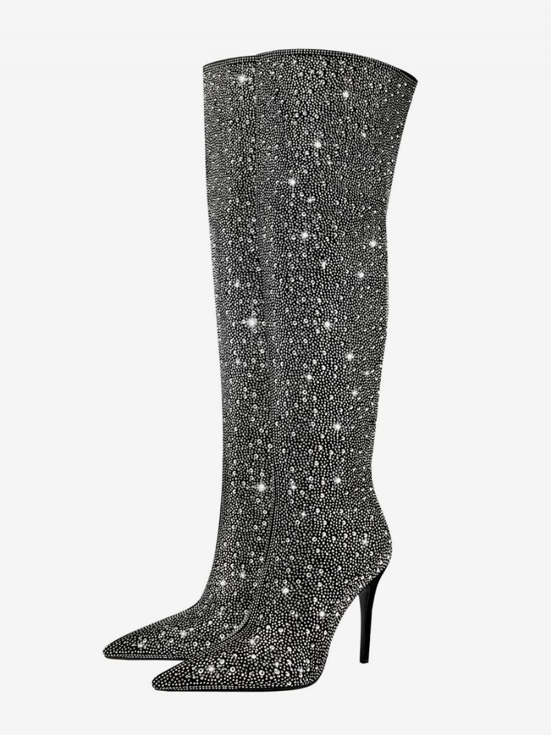 Bottes Soirée Au Dessus Du Genou Pour Femmes Strass Noirs Bout Pointu Talon Haut Cuissardes Hautes - Noir