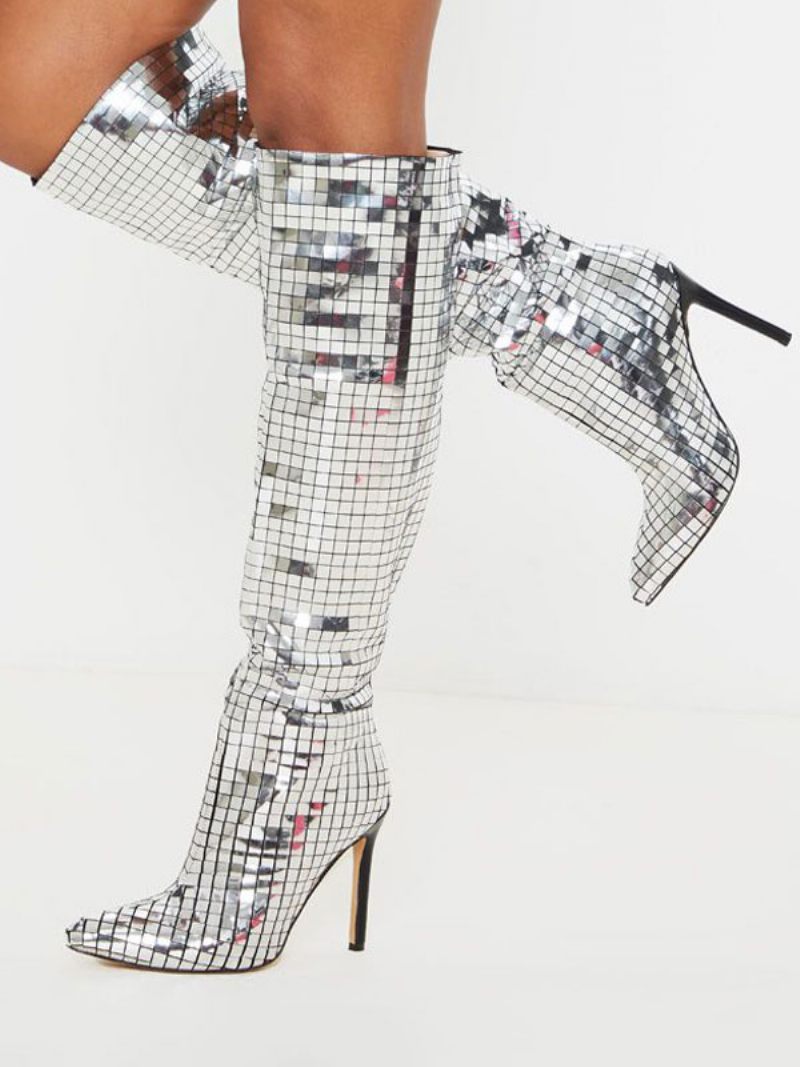 Bottes Soirée À Talons Hauts Cuir Brillant Pour Femmes Boule Disco Miroir