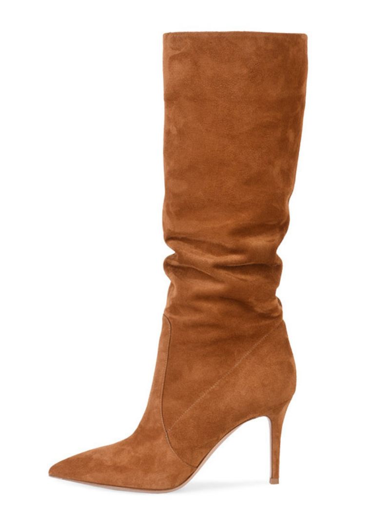 Bottes Souples Daim Pour Femmes Bout Pointu Talons Hauts Hautes - Marron Café