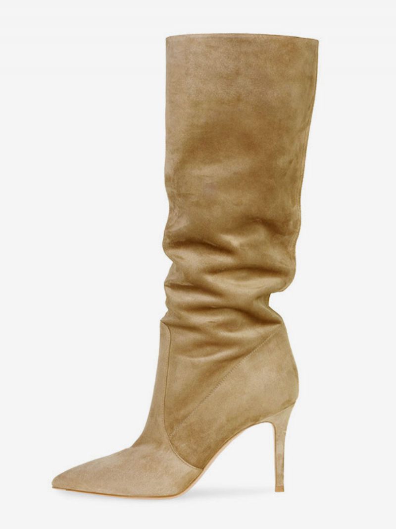 Bottes Souples Daim Pour Femmes Bout Pointu Talons Hauts Hautes - Camel