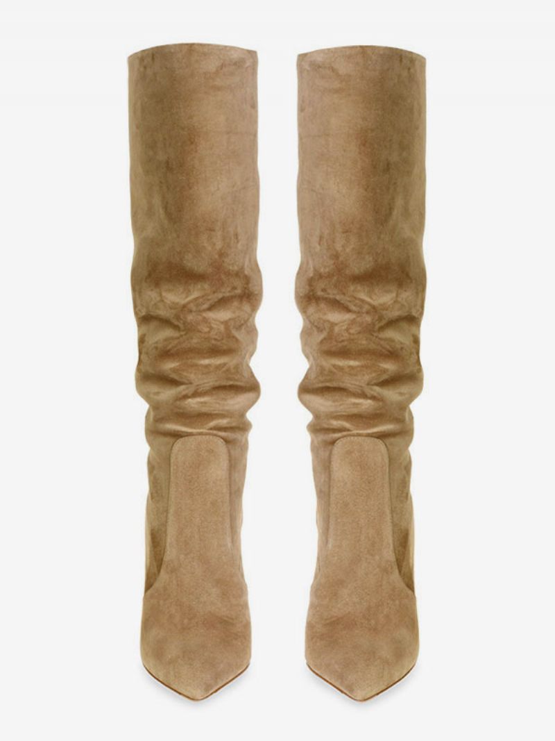 Bottes Souples Daim Pour Femmes Bout Pointu Talons Hauts Hautes - Camel