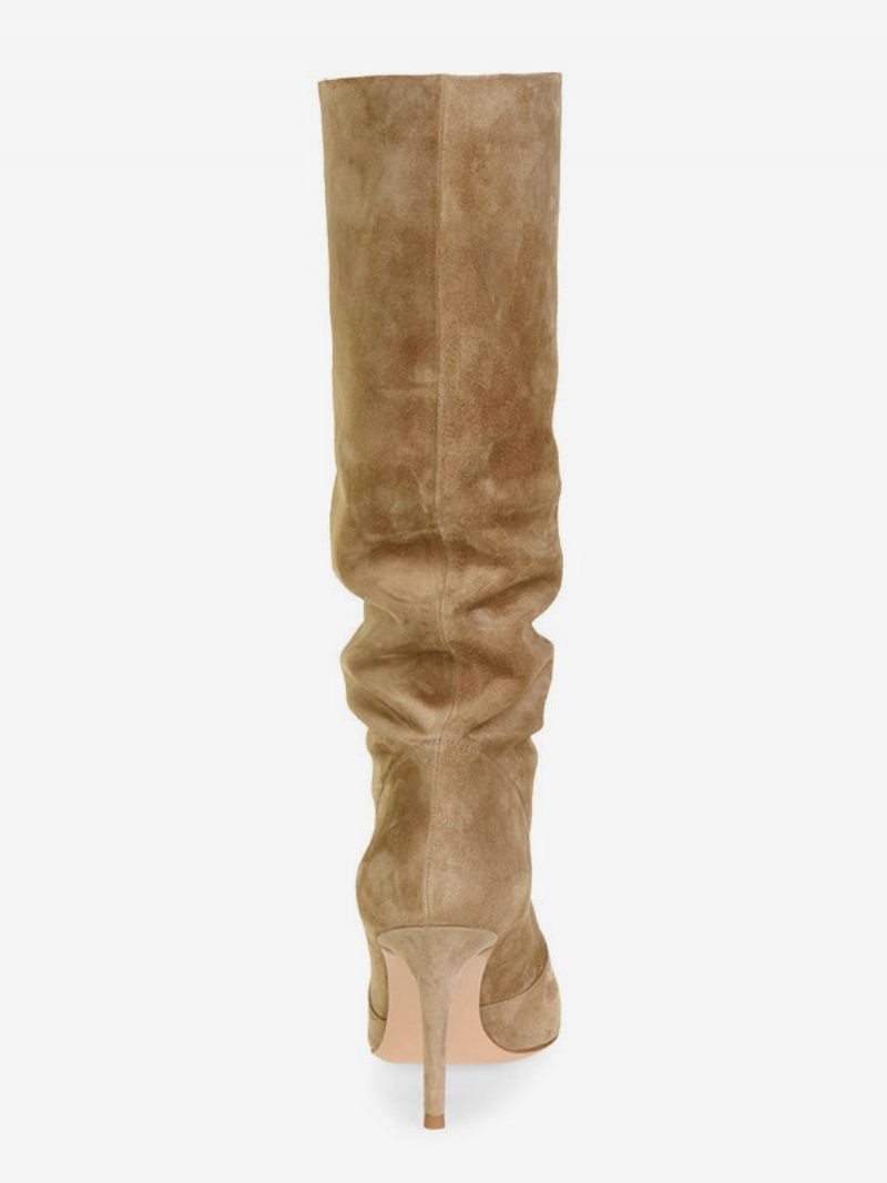 Bottes Souples Daim Pour Femmes Bout Pointu Talons Hauts Hautes - Camel