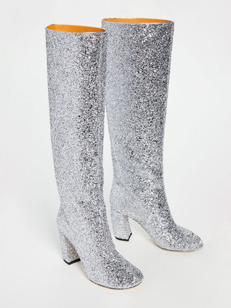 Bottes Souples Pour Femmes Paillettes Argentées Bout Carré Talon Épais Hautes - Argent