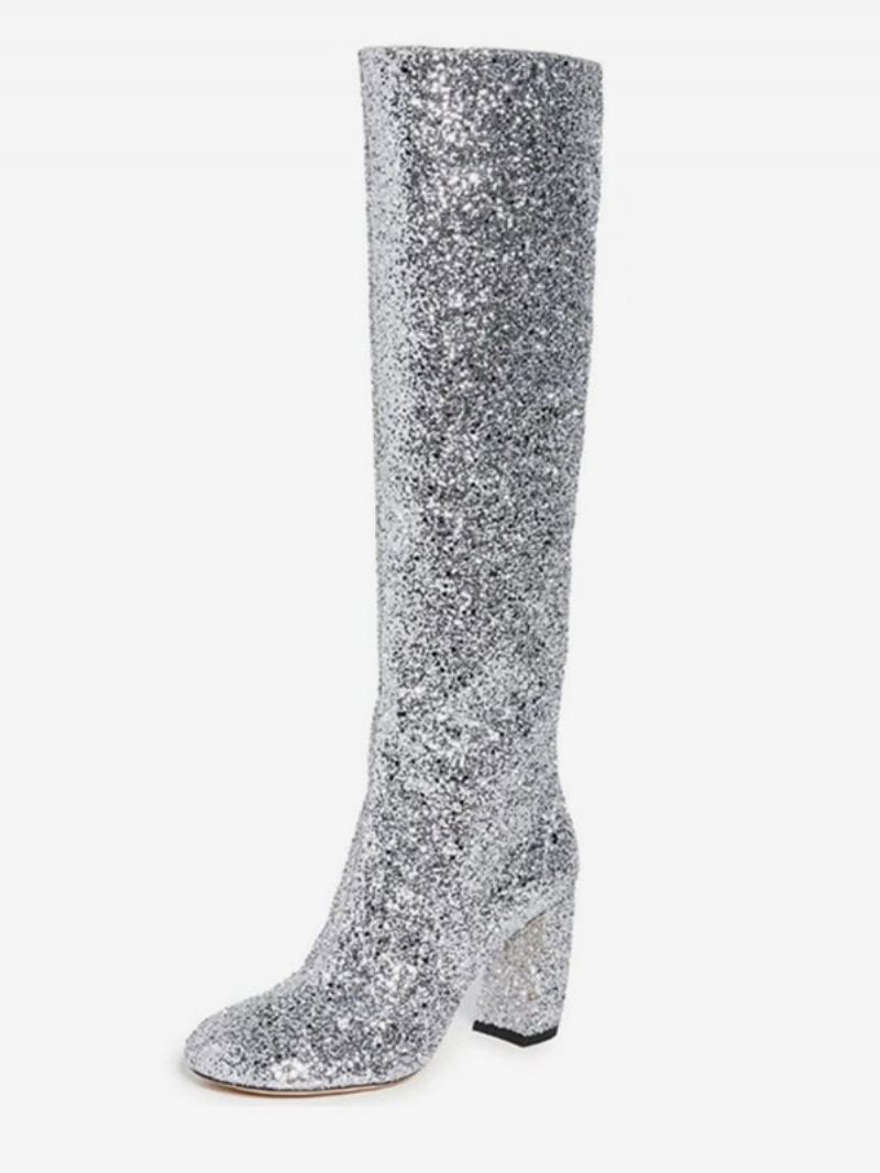 Bottes Souples Pour Femmes Paillettes Argentées Bout Carré Talon Épais Hautes - Argent