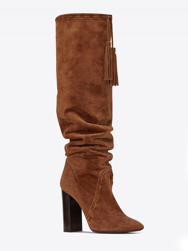 Bottes Souples Marron Pour Femmes Hauteur Genou Daim À Talons Épais - Marron Café