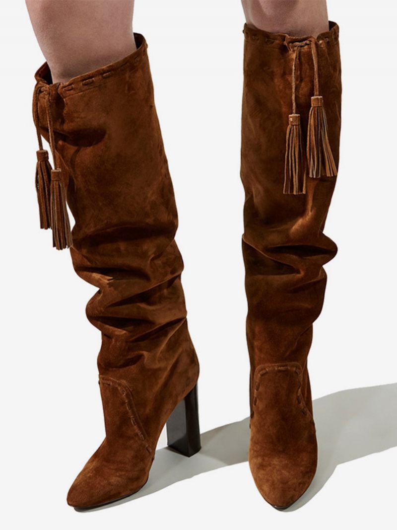 Bottes Souples Marron Pour Femmes Hauteur Genou Daim À Talons Épais - Marron Café