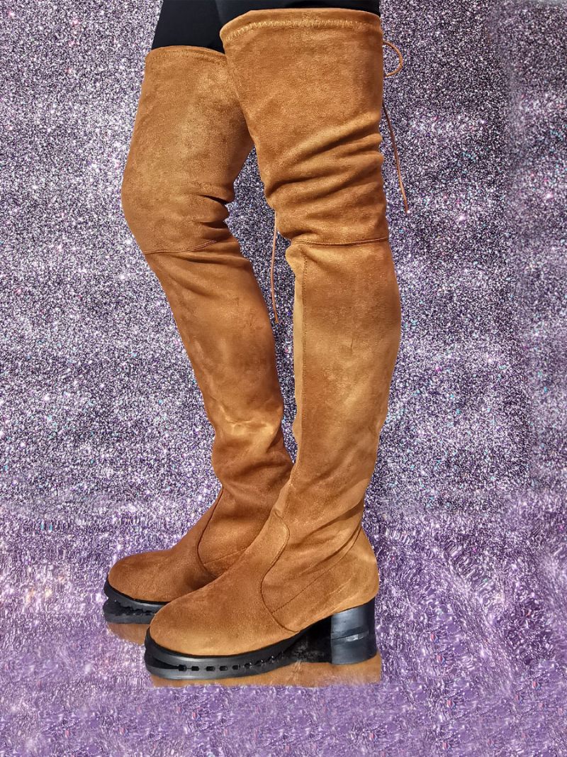 Bottes À Talon Chiot Pour Femmes Cuissardes Tissu Élastique