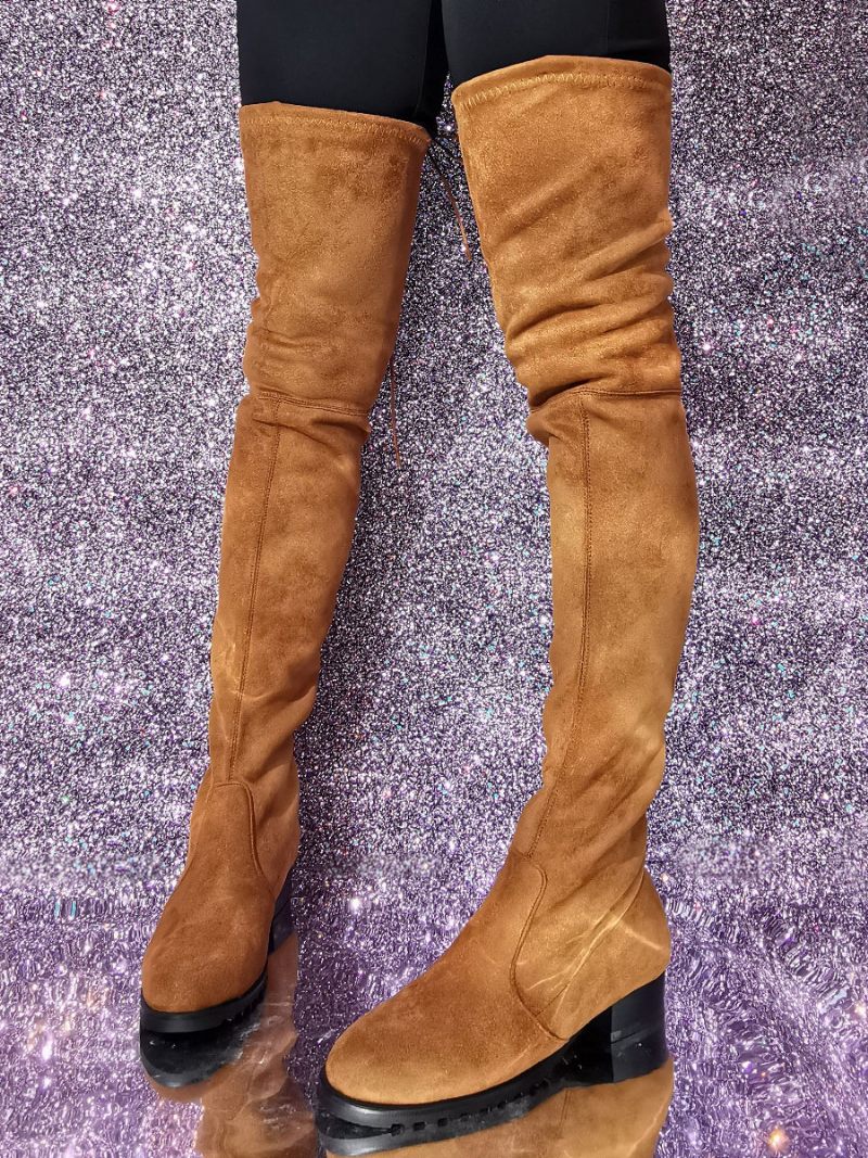 Bottes À Talon Chiot Pour Femmes Cuissardes Tissu Élastique - Kaki