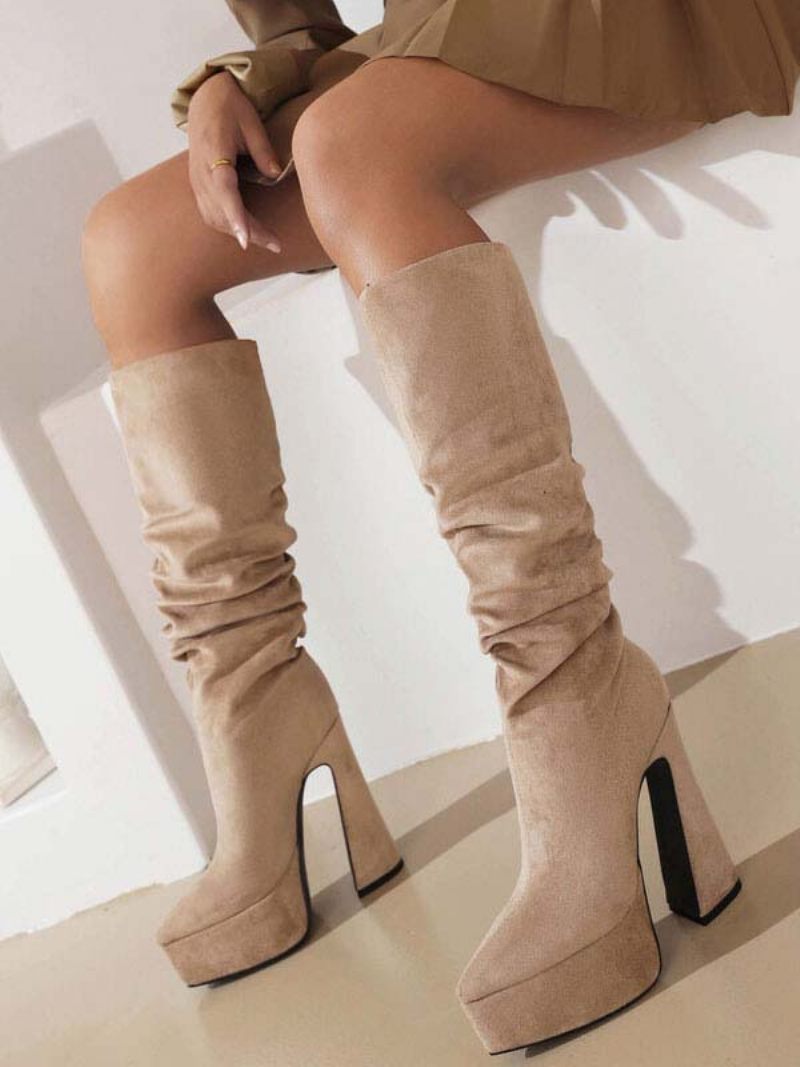 Bottes À Talons Hauts Daim Plateforme Bout Pointu Talon Épais Mi-mollet Pour Femmes - Beige