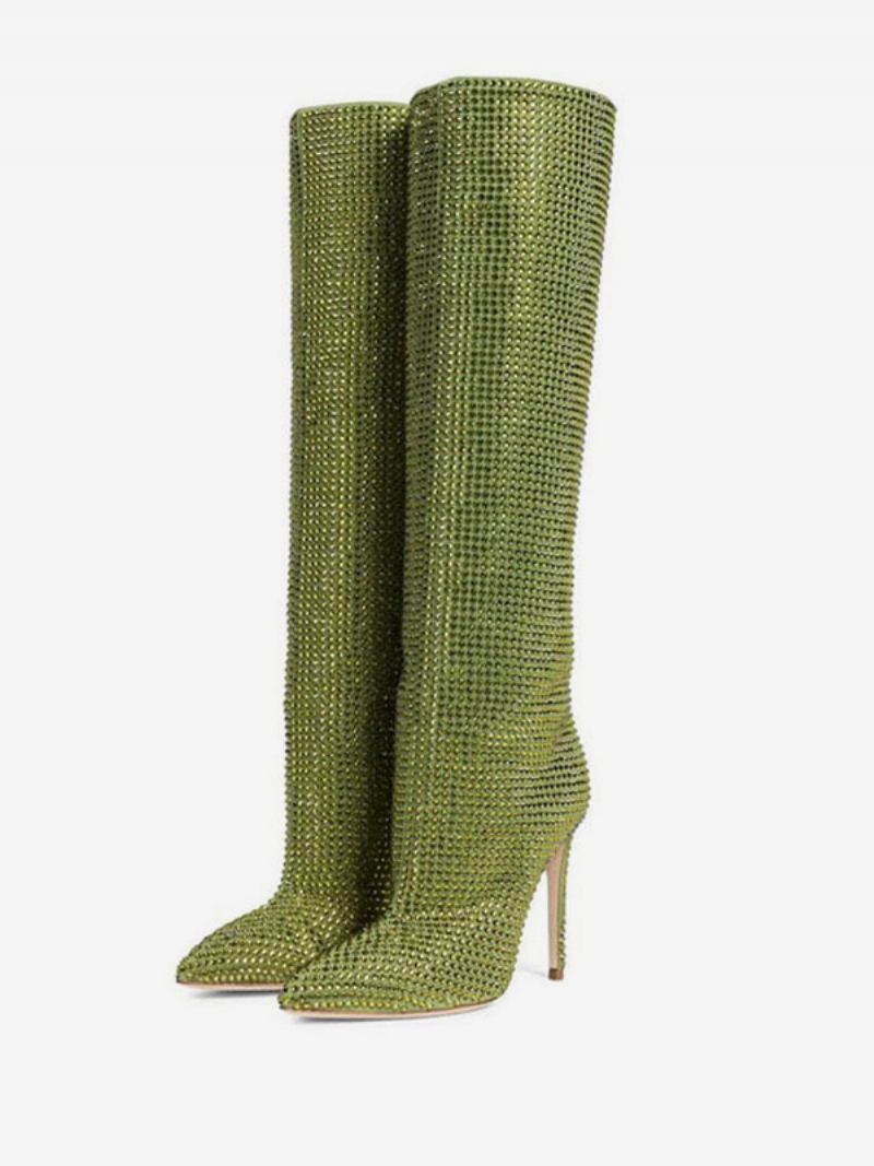 Bottes À Talons Hauts Et Mollets Larges Pour Femmes Hautes Bout Pointu Avec Strass Chaussures Soirée Sexy - Vert